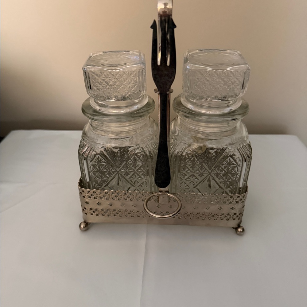Vintage English Sheffield Silver Plate Double Pickle Castor Jar Holder with Fork